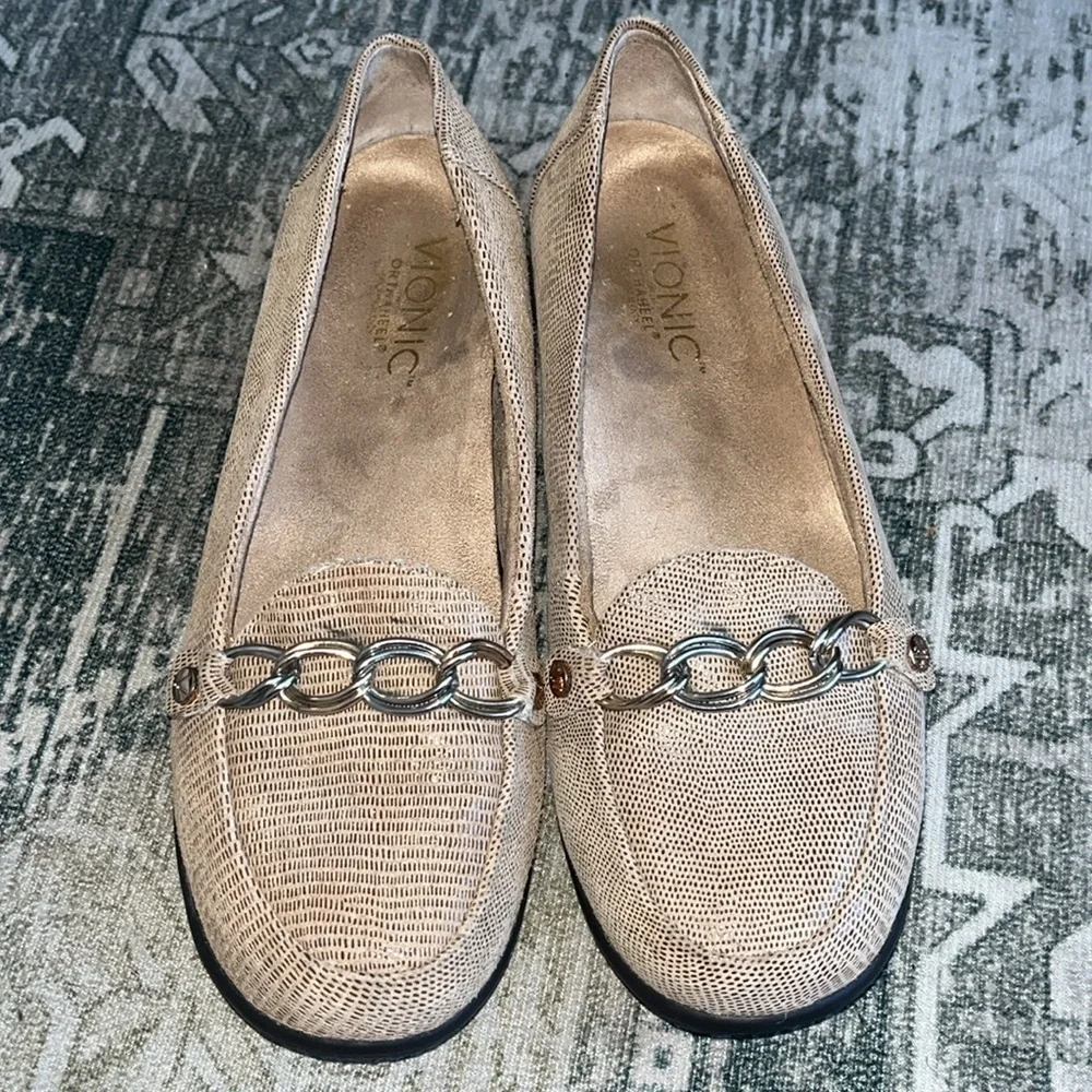 Vionic women’s Alda Orthaheel Metallic Saddle Lizard Slip On Loafers size 6